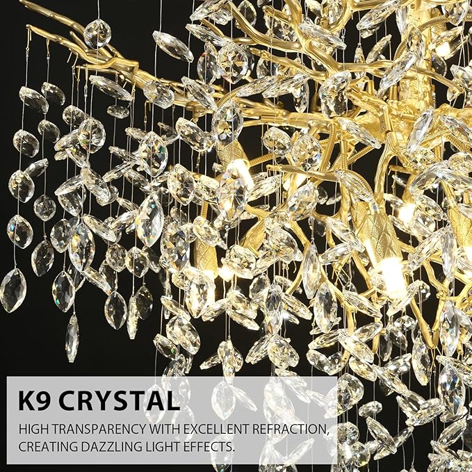 H61'' Modern Gold K9 Crystal High Ceiling Chandeliers, 23-Lights Staircase Chandeliers,Luxury Large Crystal Tree Branch Chandelier, D40'' Foyer Chandelier,For Living Room,Entryway,Dining Room