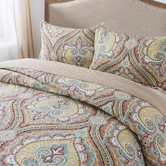 NEWLAKE Cotton Bedspread Quilt Sets-Reversible Patchwork Coverlet Set, European Paisley Blossom Pattern, King Size