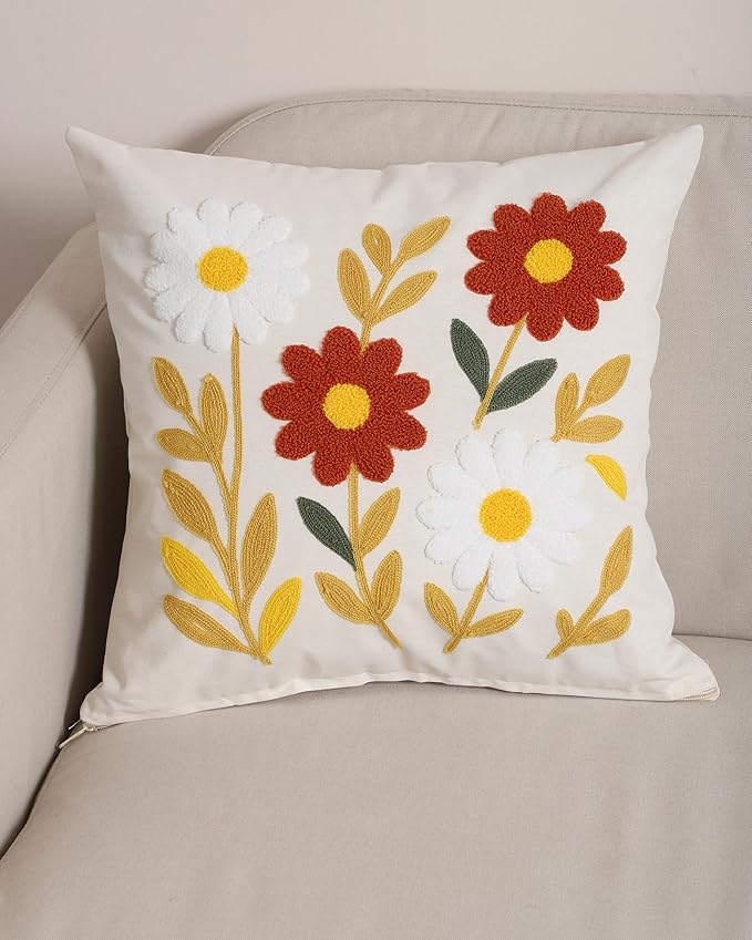 Throw Pillow Cover with Sunflower Embroidery – 18x18 inch Handmade Punch Needle Cushion – 100% Cotton Decorative Pillow for Couch, Bed or Living Room – Boho Floral Home Decor