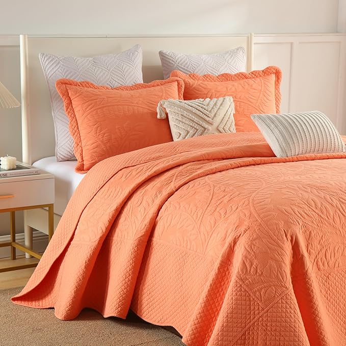 MarCielo 3-Piece 100% Cotton Oversized Bedspread Lightweight Quilt Coverlet Embroidery Farmhouse Bedding Set T0 (Salmon, Oversized King (118"x106"))