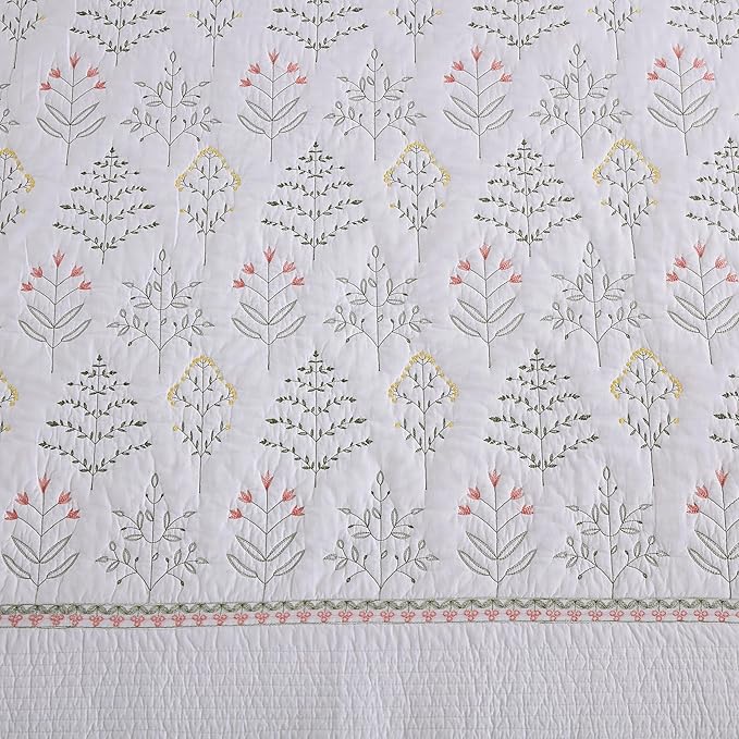 MarCielo 3-Piece 100% Cotton Oversized Bedspread Lightweight Quilt Coverlet Embroidery Farmhouse Bedding Set(TL Floral White,Oversized King (118"x106"))