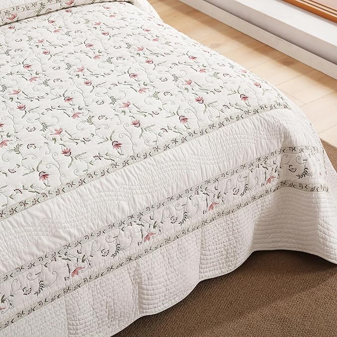 MarCielo 3-Piece 100% Cotton Oversized Bedspread Lightweight Quilt Coverlet Embroidery Farmhouse Bedding Set(TC Soft White,Oversized King (118"x106"))