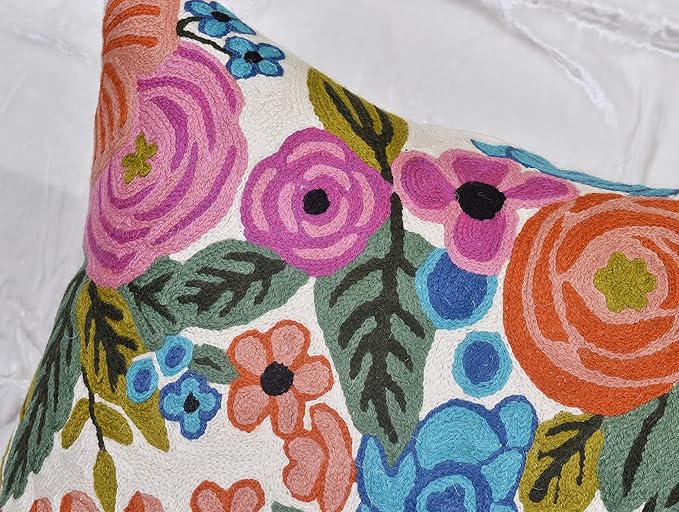 Roses Floral Pillow Cover Flower Farmhouse Chair Cushion Suzani Flowers Pillowcase Boho Florals Accent Throw Pillowsham Wool Hand Embroidered Size 18x18