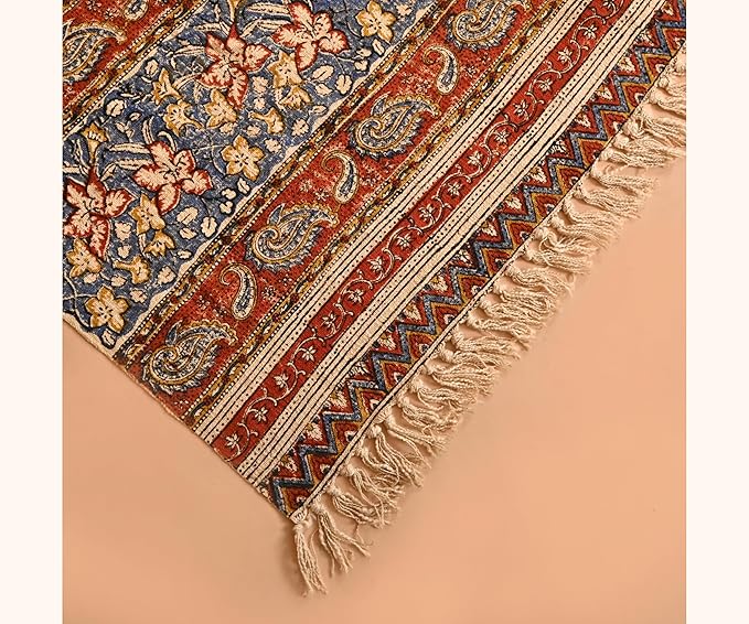 Handmade Cotton Floral Throw Blanket | Indian Block Print with Tassels | Boho Fringed Sofa & Bed Cover | 48x70 Inches Lightweight Decorative Throw for Couch, Living Room & Bedroom