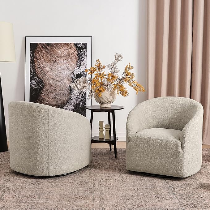 KINWELL 32" Wide Modern Boucle Swivel Barrel Chairs Set of 2, No Assembly Round Upholstered Swivel Accent Armchairs for Living Room, Bedroom (Oatmeal)