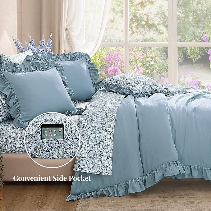 Queen Comforter Set - 7 Pieces Ruffle Blue Bedding Sets, Shabby Chic Farmhouse Bed in a Bag Queen with Ruffle Comforter, Floral Sheets, Pillowcases & Shams
