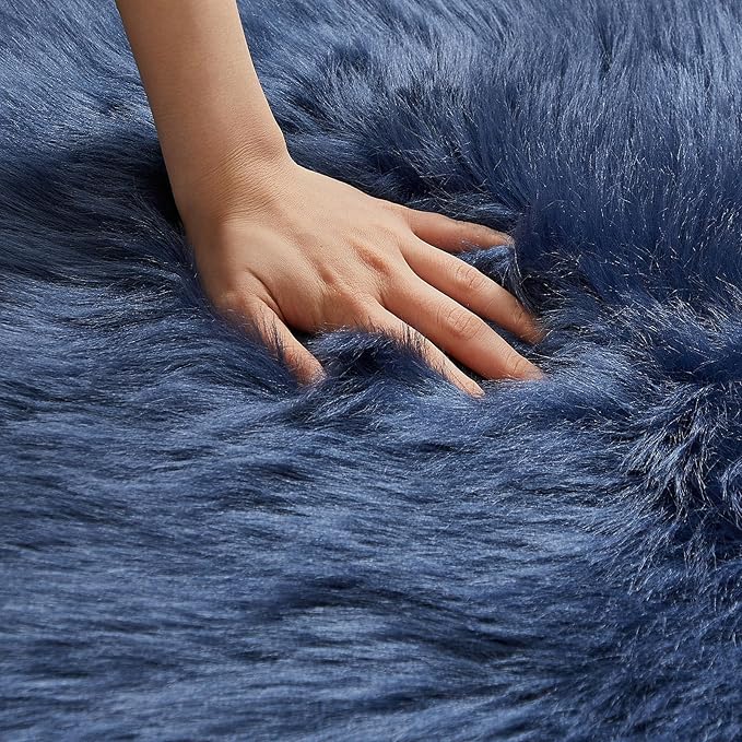 AMTOVO Faux Fur Rug, Dark Blue Small Area Rug, Fluffy Sheepskin Rug, Fuzzy Ultra Soft 2 x 3 ft Shag Rugs for Bedroom Sofa Throw Cushion Room Decor, Sheepskin