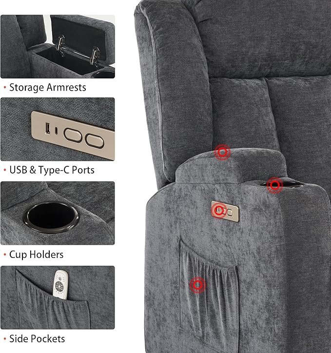 Power Lift Recliner Chair for Elderly with Massage and Heat, Recliner Chairs for Adults, Upgraded Fabric Reclining Sofa Chair with USB & Type-C Ports and Cup Holders, L1188(Grey)