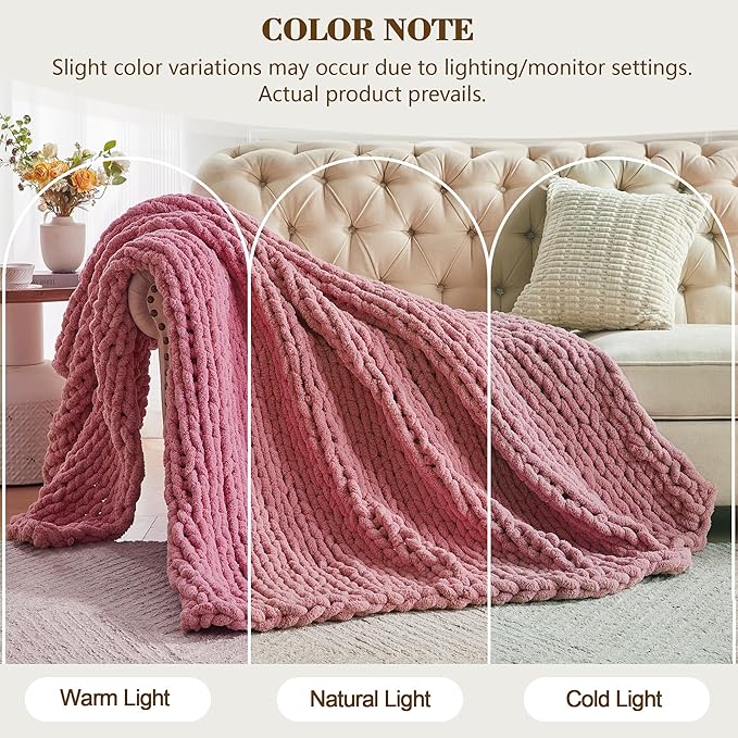 Carriediosa Chunky Knit Throw Blanket 60" X 80" Twin, 100% Hand Made Large Chenille Loop Yarn Soft Fluffy Throws for Couch Sofa Bed, Big Crochet Cozy Heavy Thick Cable Woven Blanket, Mauve