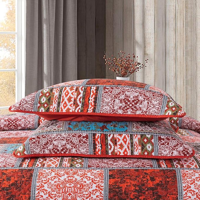 NEWLAKE Cotton Bedspread Quilt Sets-Reversible Patchwork Coverlet Set, Mediterranean Classic Bohemian Pattern,Queen Size