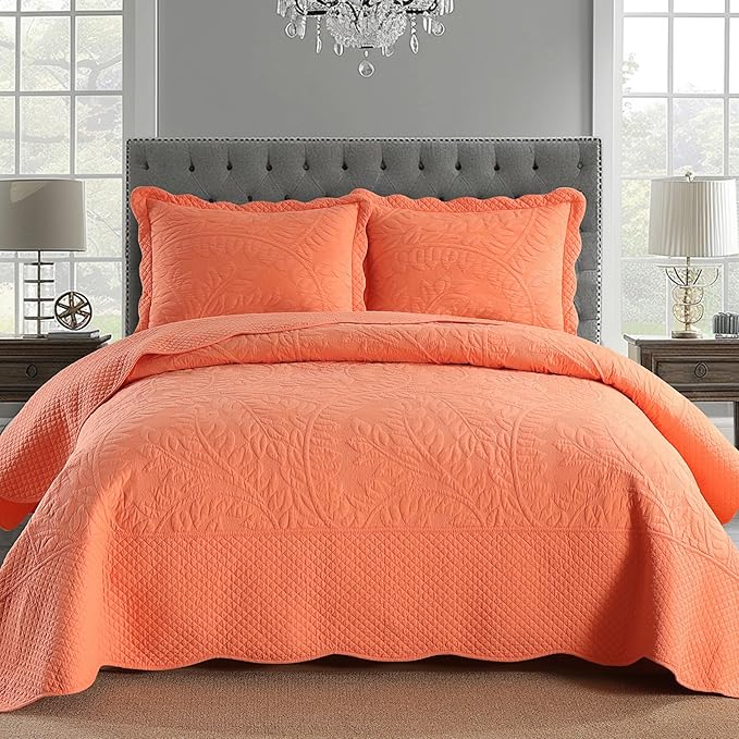 MarCielo 3-Piece 100% Cotton Oversized Bedspread Lightweight Quilt Coverlet Embroidery Farmhouse Bedding Set T0 (Salmon, Oversized Queen (100"x106"))