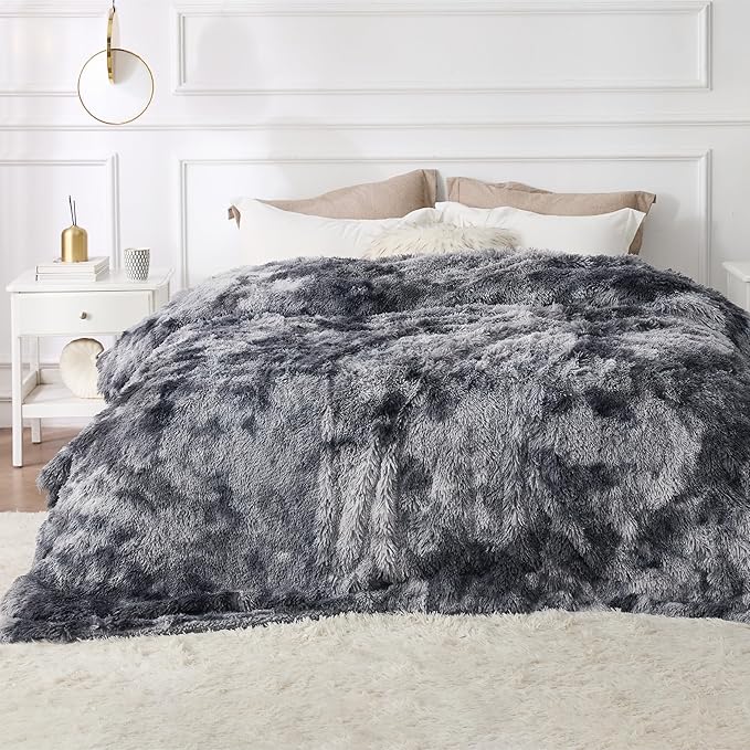 Bedsure GentleSoft Fluffy Sherpa Fleece Faux Fur Blankets Queen Size for Bed, Bedroom Decor Winter Thick Warm Full Queen Blankets, Fuzzy Plush Soft Heavy Mink Tie Dye Grey Bedding Cozy Gifts, 90x90