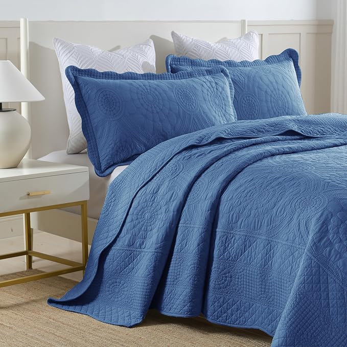 MarCielo 3-Piece 100% Cotton Oversized Bedspread Lightweight Quilt Coverlet Embroidery Farmhouse Bedding Set (Tf Midtone Blue, Oversized King (118"x106"))