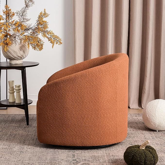 KINWELL 32" Wide Swivel Boucle Accent Chair Armchair, No Assembly Mid-Century Modern Round Upholstered Barrel Chair for Living Room, Bedroom, Office (Caramel)