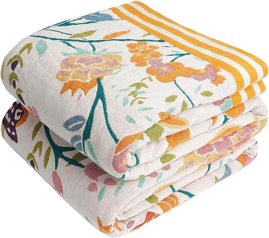 Boho Throw Blanket, 100% Organic Cotton Breathable Ultra Soft 91" x 98" Bed Quilt Throw - All Season Floral Rustic Farmhouse Decor Luxury Reversible Blanket for Sofa Couch Chair and Gift