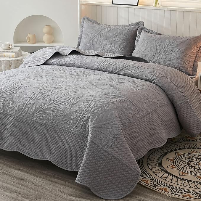 MarCielo 3-Piece 100% Cotton Oversized Bedspread Lightweight Quilt Coverlet Embroidery Farmhouse Bedding Set T0 (Light Grey, Oversized Queen (100"x106"))