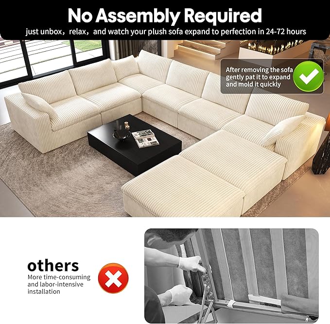 Oversized Modular Sectional Cloud Couch,157.5" U Shaped Modern Sofa with 2 Ottoman and 2 Middle Seats,Upholstered Couches with Corduroy Fabric for Living Room Furniture,No Assembly Required,White