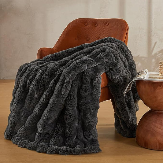 JELLYMONI Faux Fur Throw Blanket, Dark Grey, Cozy Plush Bubble Bed Throw, Thick and Warm, 50" X 60"