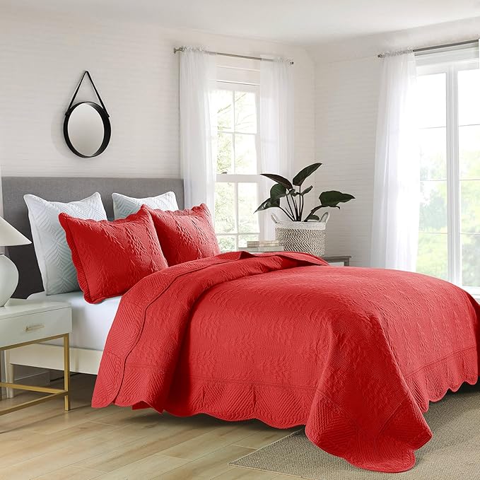 MarCielo 3-Piece Christmas Quilt 100% Cotton Oversized Bedspread Lightweight Coverlet Embroidery Christmas Tree Pattern Bedding Set (TC Red, Oversized King (118"x106"))