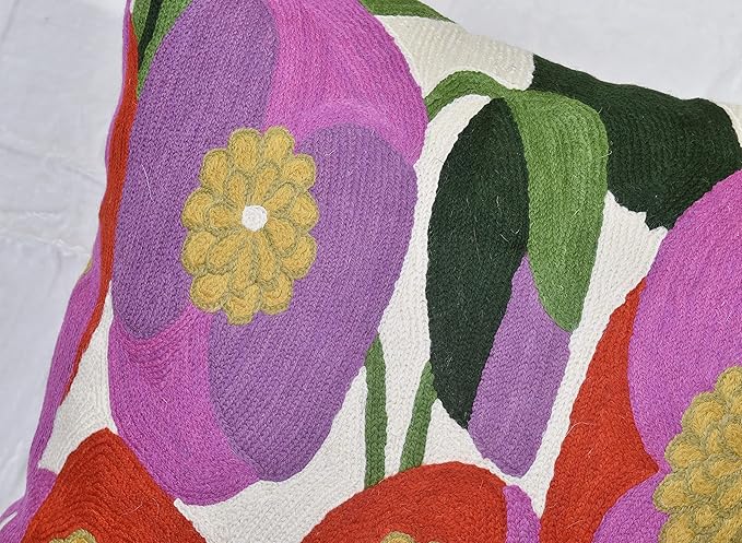 Lily Pink Flower Pillow Cover | Suzani Accent Pillow | Outdoor Floral Pillows | Hand Embroidered Wool Cushion - 18x18