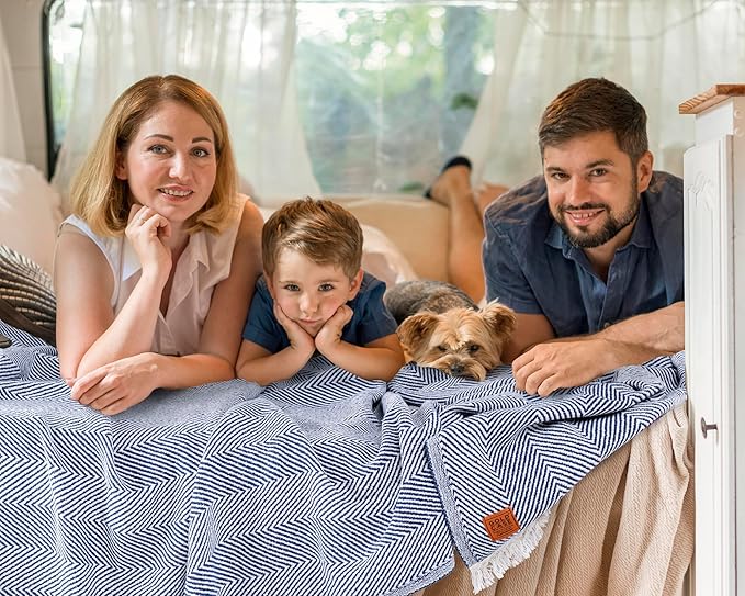 Gold Case Throw Blanket for Bed – 100% Recycled Turkish Cotton Bed Blanket – Decorative Throw Cotton Blankets for Living Room & Bedroom – Vintage Navy Blue Woven Queen Blankets – 90x90