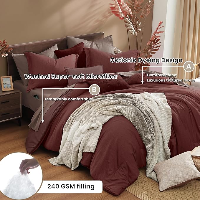 Monbix King Size Comforter Set, 7 Pieces Dark Red King Size Bed Set Reversible,Cationic Dyeing Bed in a Bag with Comforter, Sheets, Pillowcases & Shams