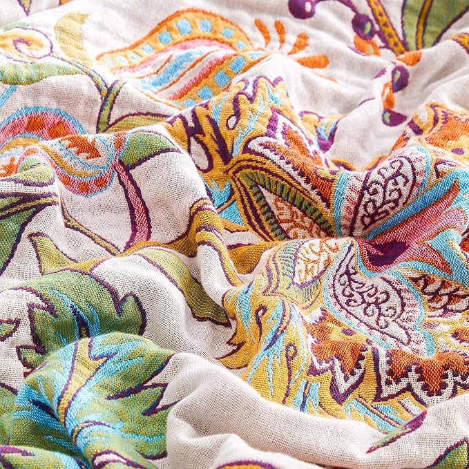 Boho Throw Blanket for Bed, 100% Cotton Soft Rustic Quilt Fall Blanket, 80"x90" Floral Printed Farmhouse Decor Bed Blankets, All Season Rustic Reversible Bohemian Throw Quilt