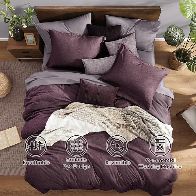 Monbix King Size Comforter Set, Italian Plum King Bedding Set Reversible, 7 Pieces, Cationic Dyeing Bed in a Bag King with Comforter, Sheets, Pillowcases & Shams