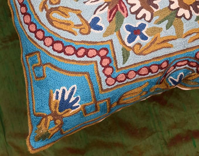 Turquoise Floral Pillow Cover Traditional Blue Flower Pillowcase Traditional Outdoor Cushion Suzani Flower Throw Florals Chair Farmhouse Hand Embroidered Cushions Wool 18x18 Inch