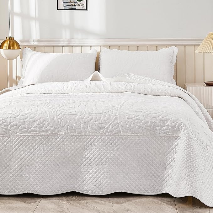 MarCielo 3-Piece 100% Cotton Oversized Bedspread Lightweight Quilt Coverlet Embroidery Farmhouse Bedding Set T0 (Bright White, Oversized Queen (100"x106"))
