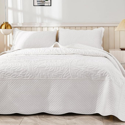 MarCielo 3-Piece 100% Cotton Oversized Bedspread Lightweight Quilt Coverlet Embroidery Farmhouse Bedding Set T0 (Bright White, Oversized Queen (100"x106"))