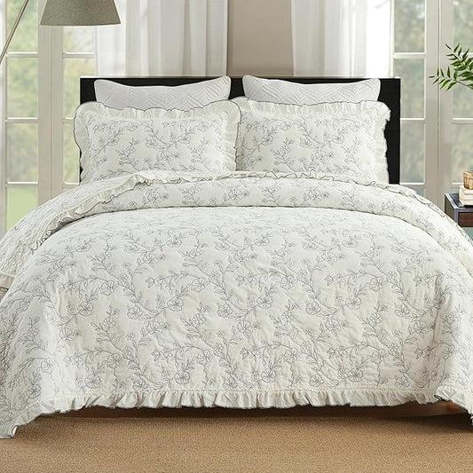 MarCielo 3-Piece 100% Cotton Bedspread Lightweight Quilt Coverlet Embroidery Farmhouse Bedding Set (Floral,King (106" X 98"))