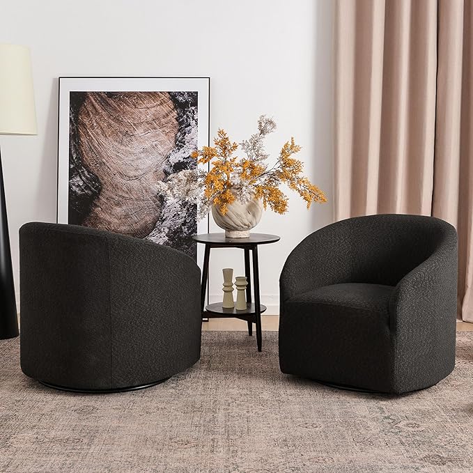 KINWELL 32" Wide Modern Boucle Swivel Barrel Chairs Set of 2, No Assembly Round Upholstered Swivel Accent Armchairs for Living Room, Bedroom (Black)