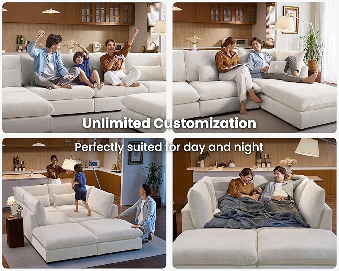 Oversized Modular Sofa, Extra Deep Cloud Chenille Sectional Couch with Ottoman Chaise, Fluffy Chenille Loveseat L Sofa for Living Room, Villa (Loveseat+Ottoman, Chenille White)