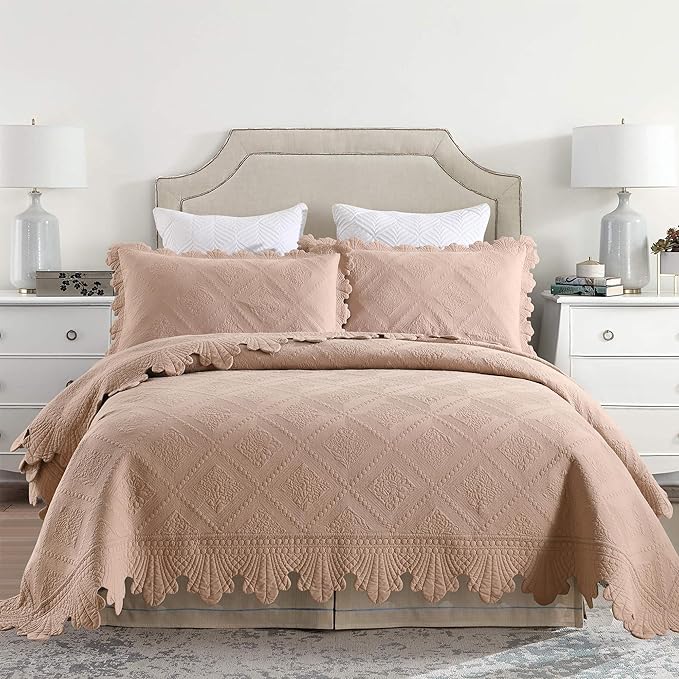 MarCielo 3-Piece 100% Cotton Oversized Bedspread Lightweight Quilt Coverlet Embroidery Farmhouse Bedding Set (TK Pale Taupe Camel, Oversized Queen (100"x106"))