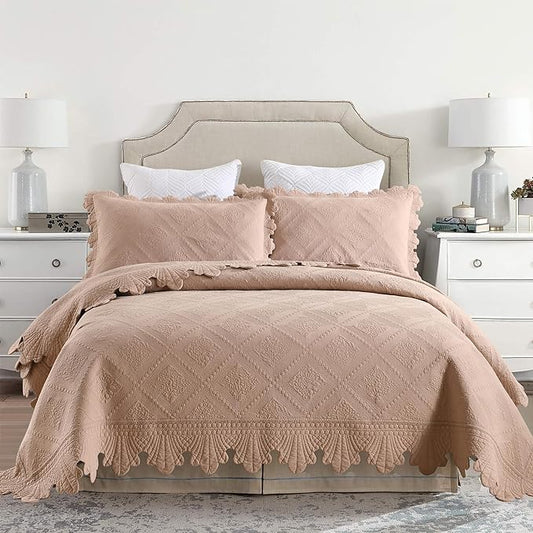 MarCielo 3-Piece 100% Cotton Oversized Bedspread Lightweight Quilt Coverlet Embroidery Farmhouse Bedding Set (TK Pale Taupe Camel, Oversized Queen (100"x106"))