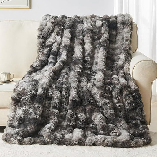 Lotus Karen Faux Fur Blanket Tie-Dye Dark Gray Twin Size - Big Bubble Rabbit Fluff Throw for Couch Small Fluffy Fuzzy Cozy Thick Furry Plush Shaggy Blankets 60x80 Inches