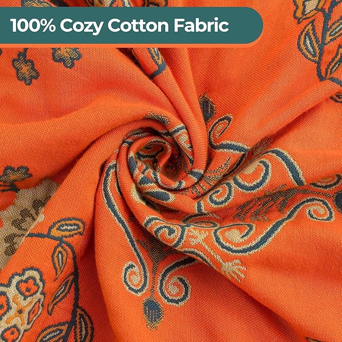 Throw Blanket for Couch Bed Chair,100% Cotton Soft Lightweight Blanket Rustic Quilt -Orange Floral Printed Farmhouse Decor Bed All Season Blankets,80"×90"