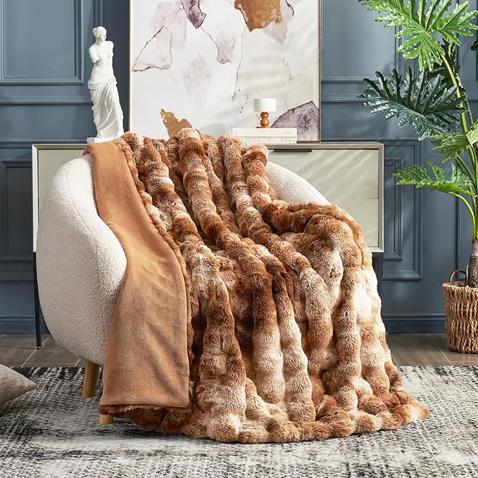 Cozy Bliss Faux Fur Throw Blanket for Couch, Fuzzy Soft Plush Thick Bubble Blanket for Sofa Bedroom Living Room, 60 * 80 Inches Tie Dye Brown