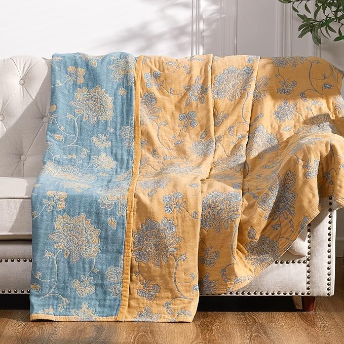 jinchan Boho 100% Cotton Muslin Twin Size 50x60 Inches Blanket Lightweight 4-Layer Quilted Soft Yellow and Blue Floral Throw Blanket Reversible Comfy Flower Breathable All Seasons Couch Bedroom Decor