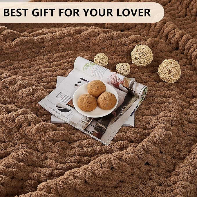 L'AGRATY Chunky Knit Blanket Throw: 50''x60'' Chenille Chunky Knitted Throw Blanket for Bed Couch - Handmade Thick Big Cable Knit Blanket - Large Chunky Crochet Rope Blanket for Home Decor(Brown)