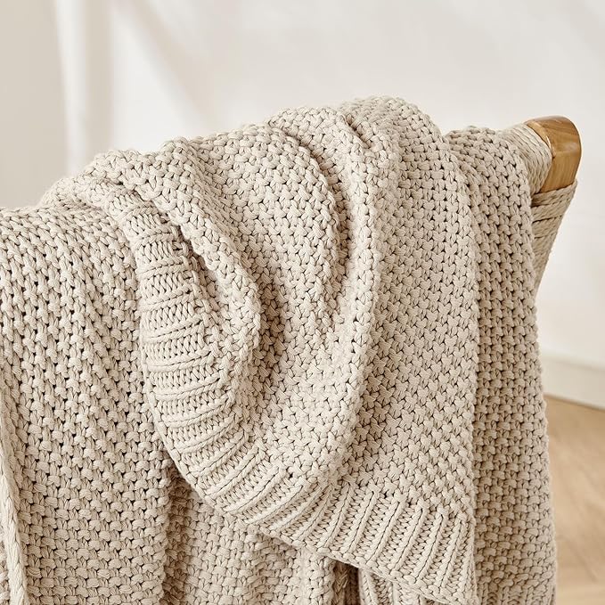 Joydeco Chunky Cable Knit Throw Blanket, Lightweight 100% Organic Cotton Soft Cozy Throw Twin Blanket for Couch Bed and Sofa, Rustic Breathable Farmhouse Blanket Gift for Women Men(Beige, 60"x80")
