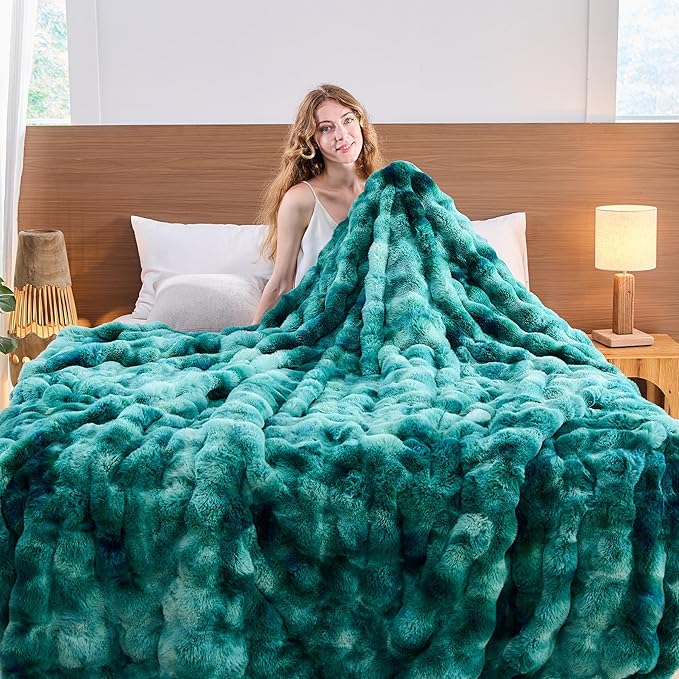 Lotus Karen Faux Fur Throw Blanket Tie-Dye Green - Big Bubble Rabbit Fluff Blanket for Couch,Small Fluffy Fuzzy Cozy Blanket,Thick Furry Plush Shaggy Blankets,60x80 Inches