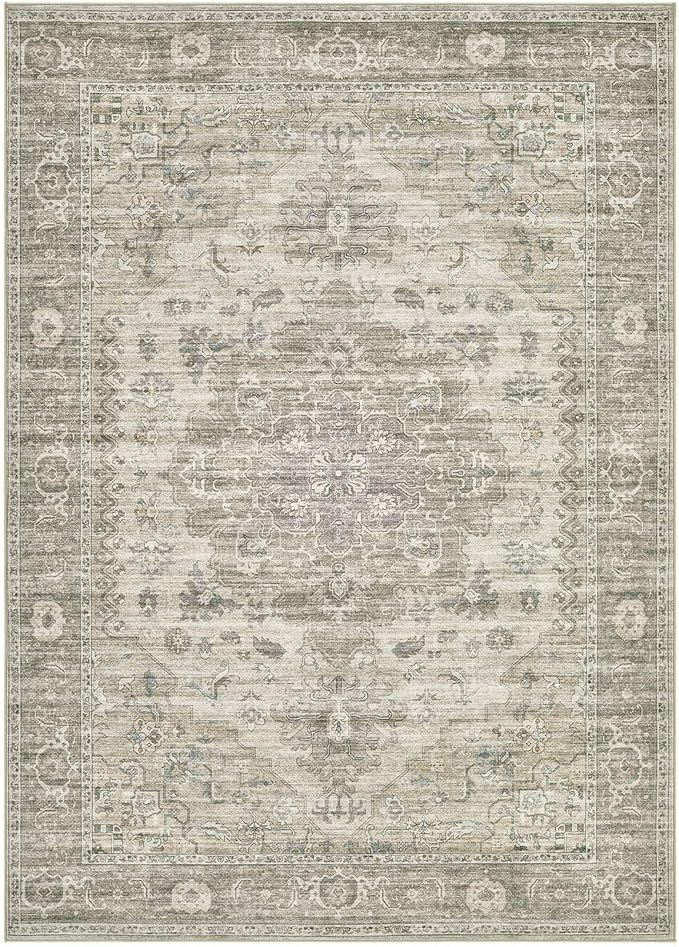 Washable Area Rugs for Living Room -8x10 Neutral Vintage Distressed Floral Farmhouse Boho Large Soft Floor Rug Indoor Non Slip Carpet for Living Room Bedroom Dining Room Office - Brown/Tan