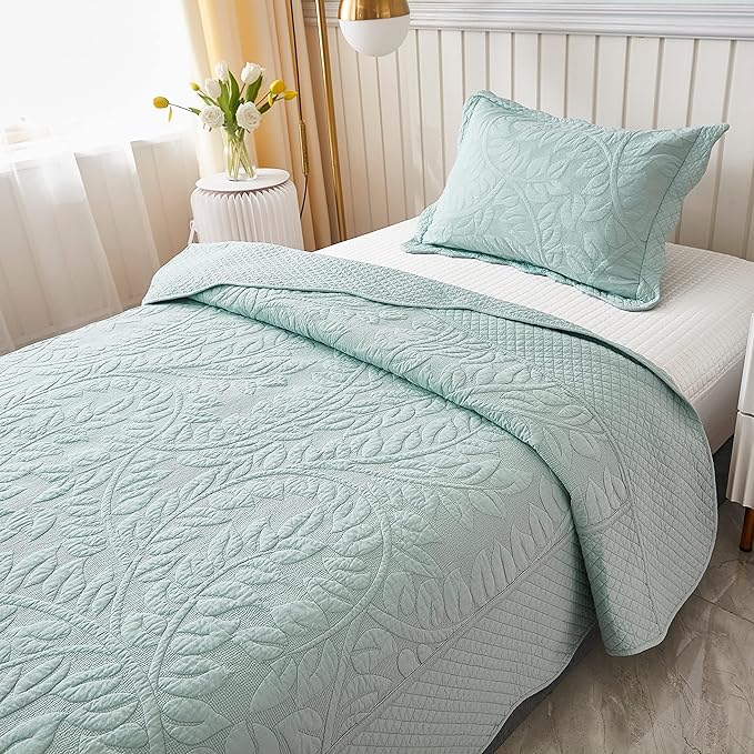 MarCielo 3-Piece 100% Cotton Oversized Bedspread Lightweight Quilt Coverlet Embroidery Farmhouse Bedding Set T0 (Aruba Blue, Twin (68"x86"))