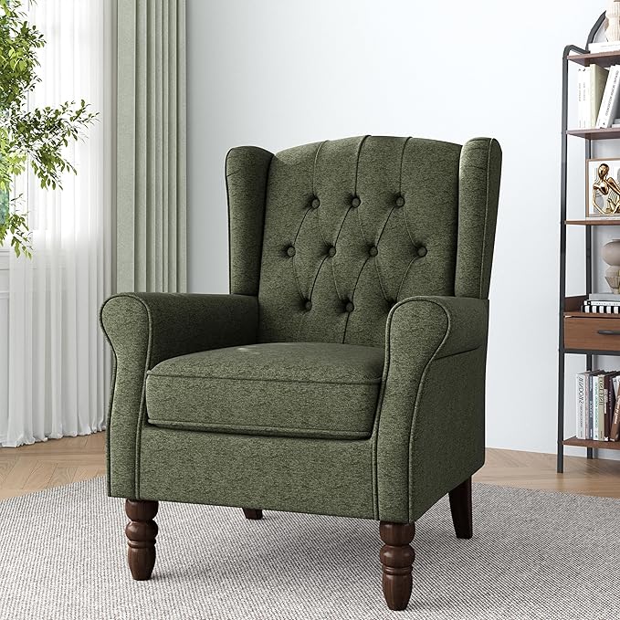 Lumibee High Back Accent Chair,Upholstered Wingback Armchair with Solid Wood Legs for Small Spaces,Comfy Single Sofa Chair for Living Room,Bedroom,Office-Green