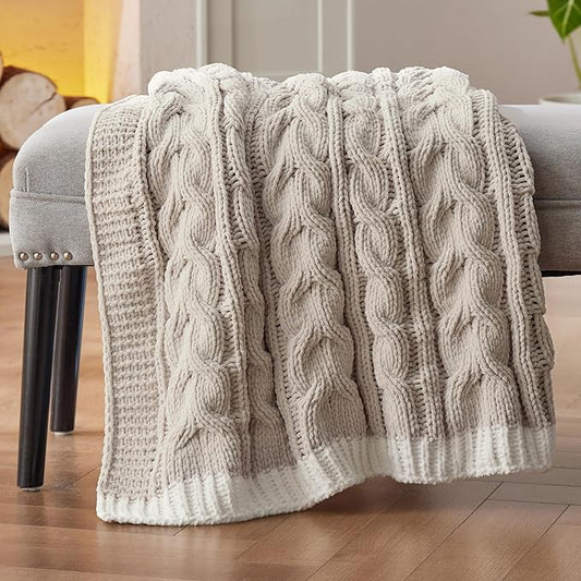 Bedsure Cable Knit Throw Blanket for Couch Bed - Breathable Chenille Chunky Knit Throw Blanket for Decorative Gift, GentleSoft Cozy and Warm for Winter and All Seasons, Beige, 50x60 Inches