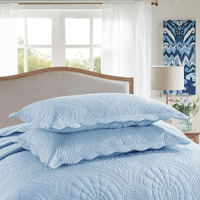 MarCielo 3-Piece 100% Cotton Oversized Bedspread Lightweight Quilt Coverlet Embroidery Farmhouse Bedding Set (Tf Light Blue, Oversized Queen (100"x106"))