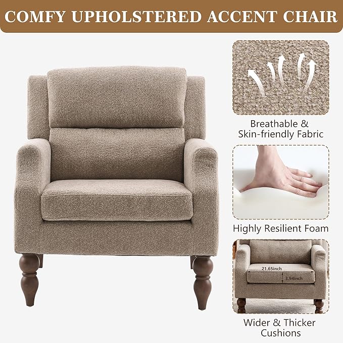 Kidol & Shellder Light Brown Oversized Accent Chair for Living Room Mid Century Modern Reading Chair with Back Upholstered Comfy Single Sofa Chair for Bedroom Lounge Side Corner Boucle Fabric Armchair