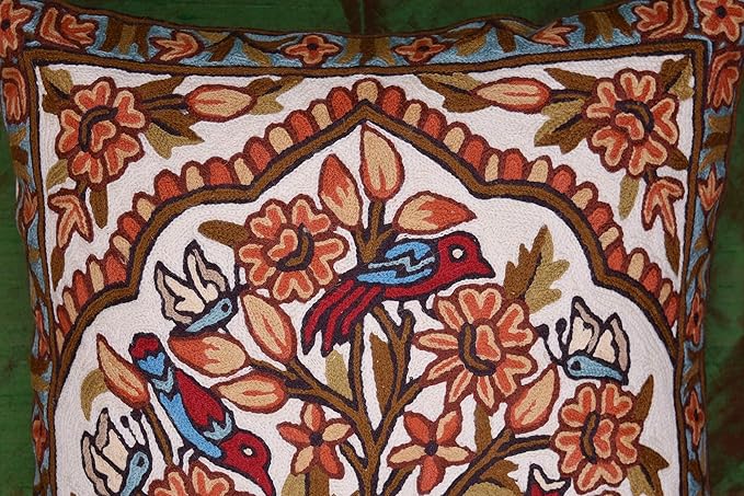 Tree of Life Pillow Cover - Gold Birds & Floral Suzani Cushions - Designer Flower Pillows - Modern Hand Embroidered Wool - Size 18x18